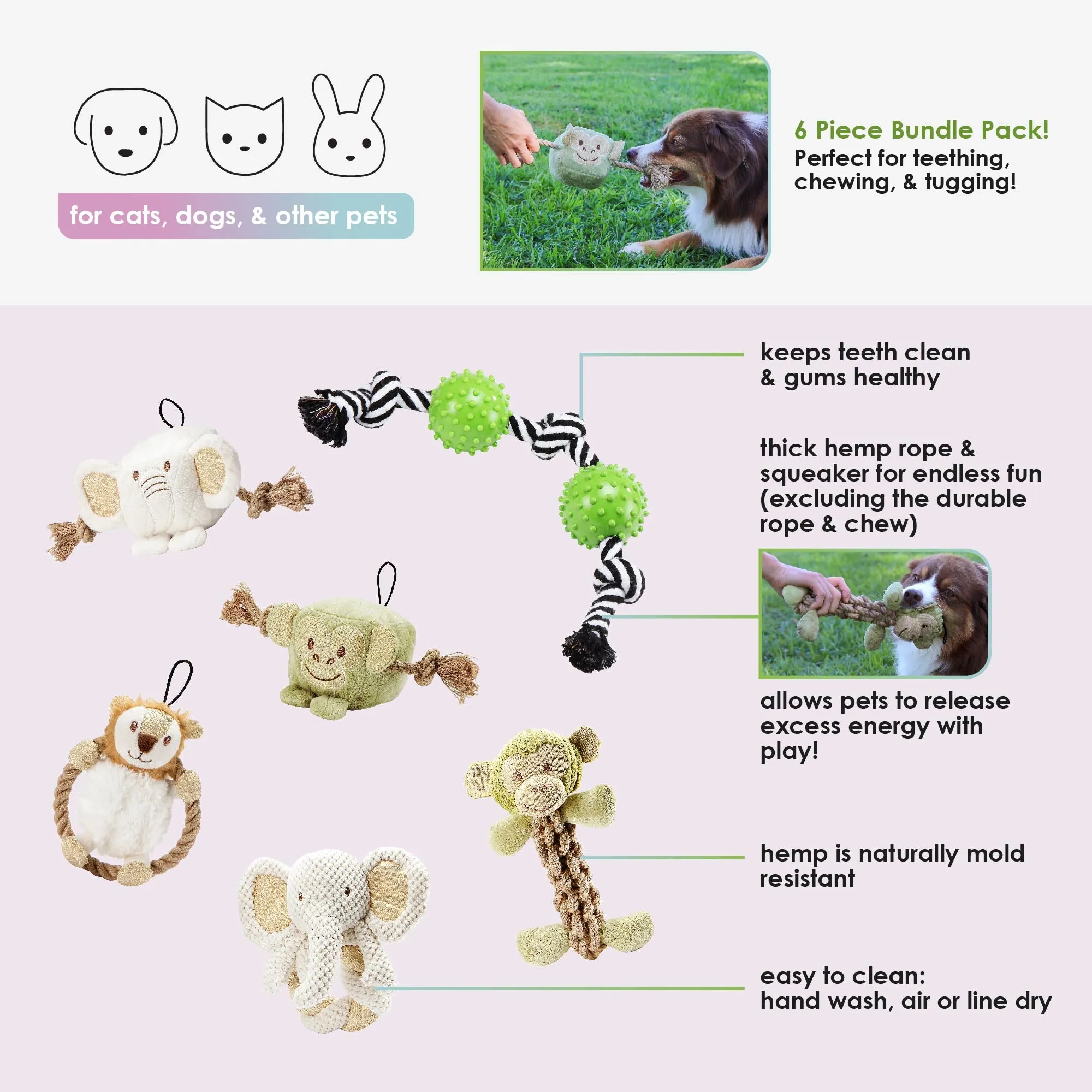 6 Piece Hemp Pet Toy Bundle Pack: Durable, Non-Toxic & Fun Dog Toys - Tough Rope & Squeaker Chew Toys for Safe, Healthy, and Happy Pets, Eco-Friendly & Mold-Resistant, Perfect for Chewers & Playtime, CE Certified Pet Toys