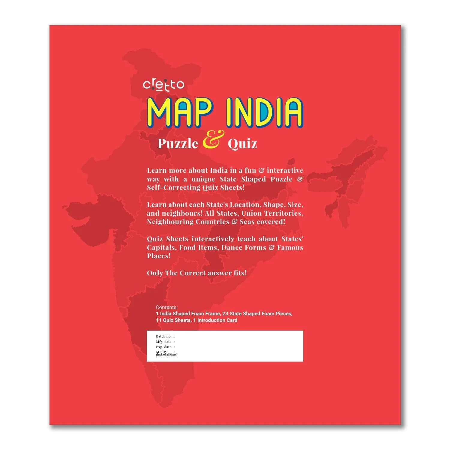 Map India Puzzle with 11 Self Mastery Interactive Quiz Sheets