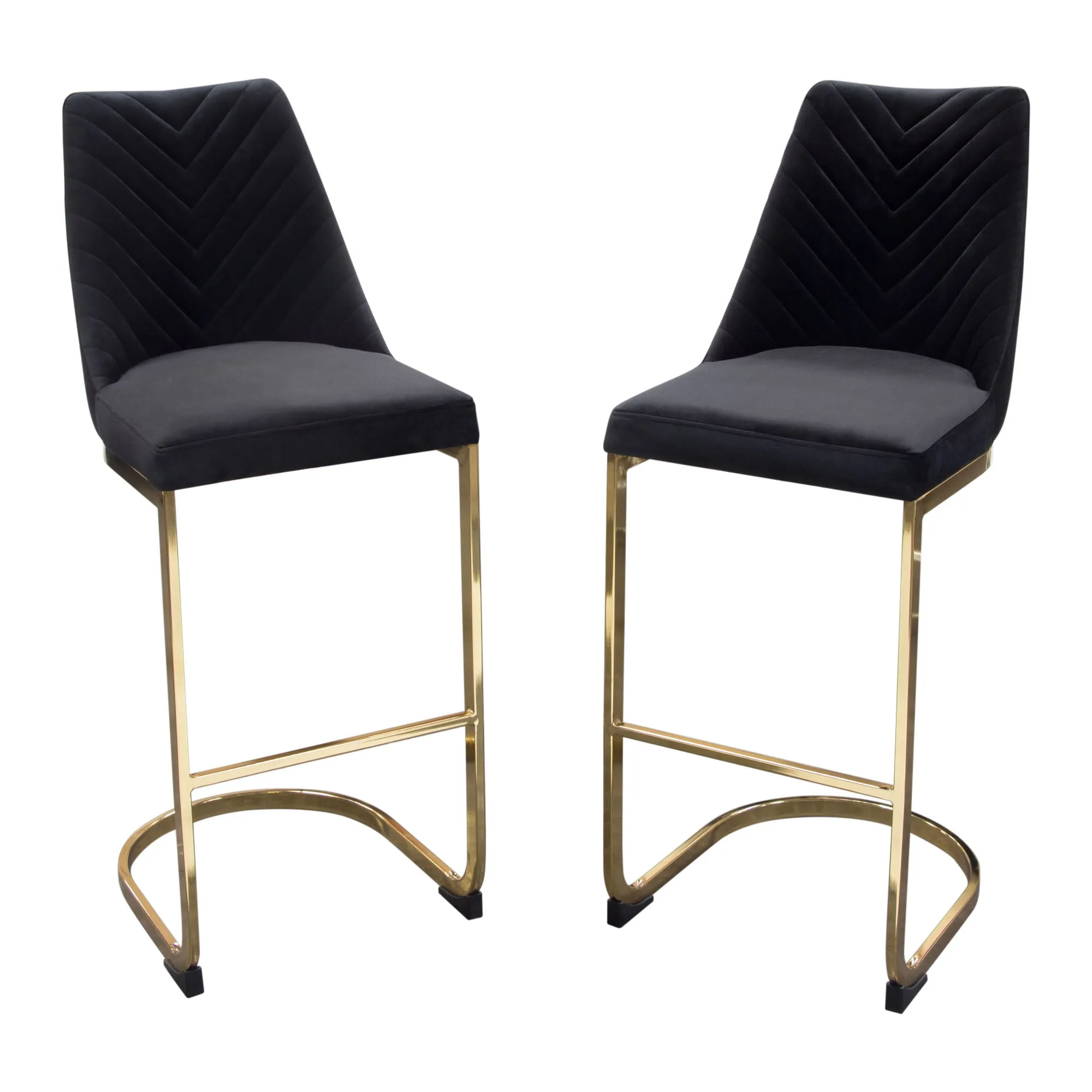 Vogue Set of (2) Bar Height Chairs in Black Velvet with Polished Gold Metal Base by Diamond Sofa