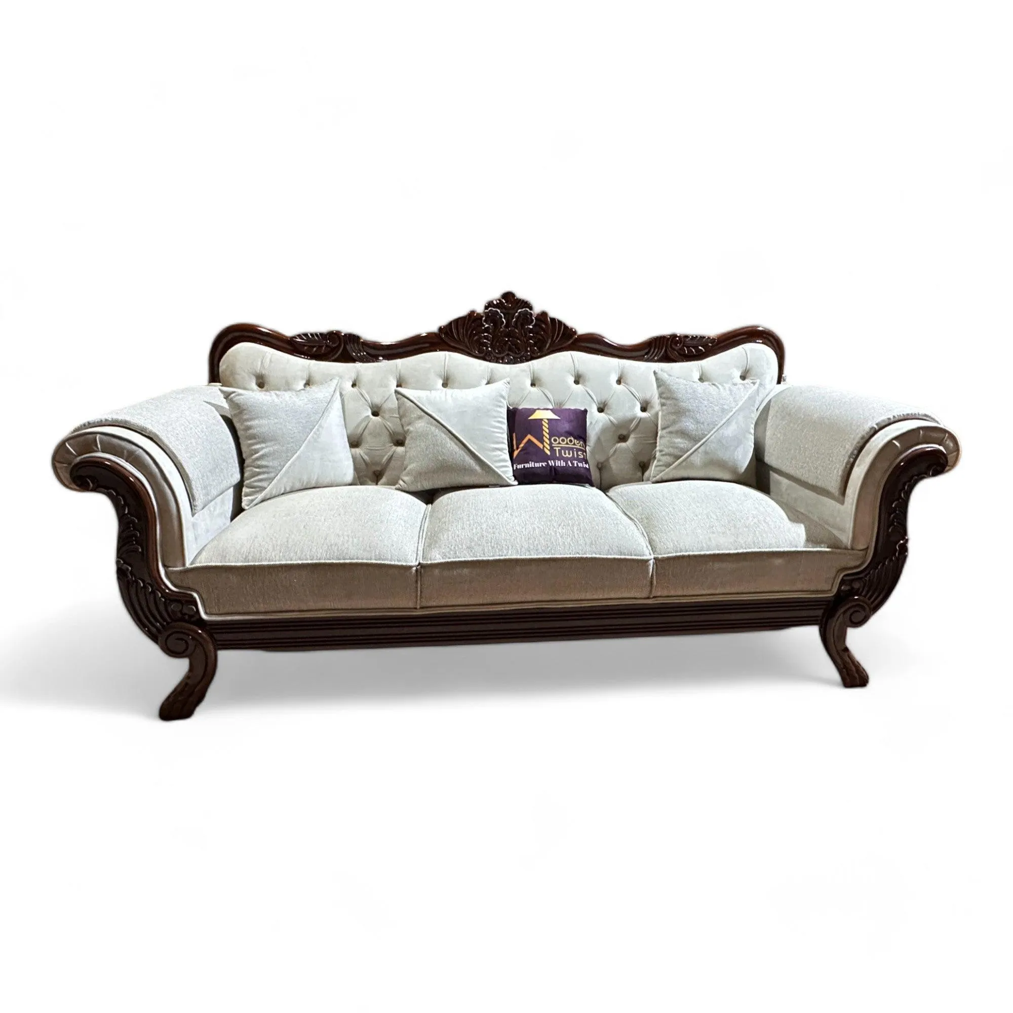 Wooden Twist Magnifica Button Tufted Hand Carved Teak Wood Soft Upholstery 3 Seater Sofa With Three Abstract Pillow