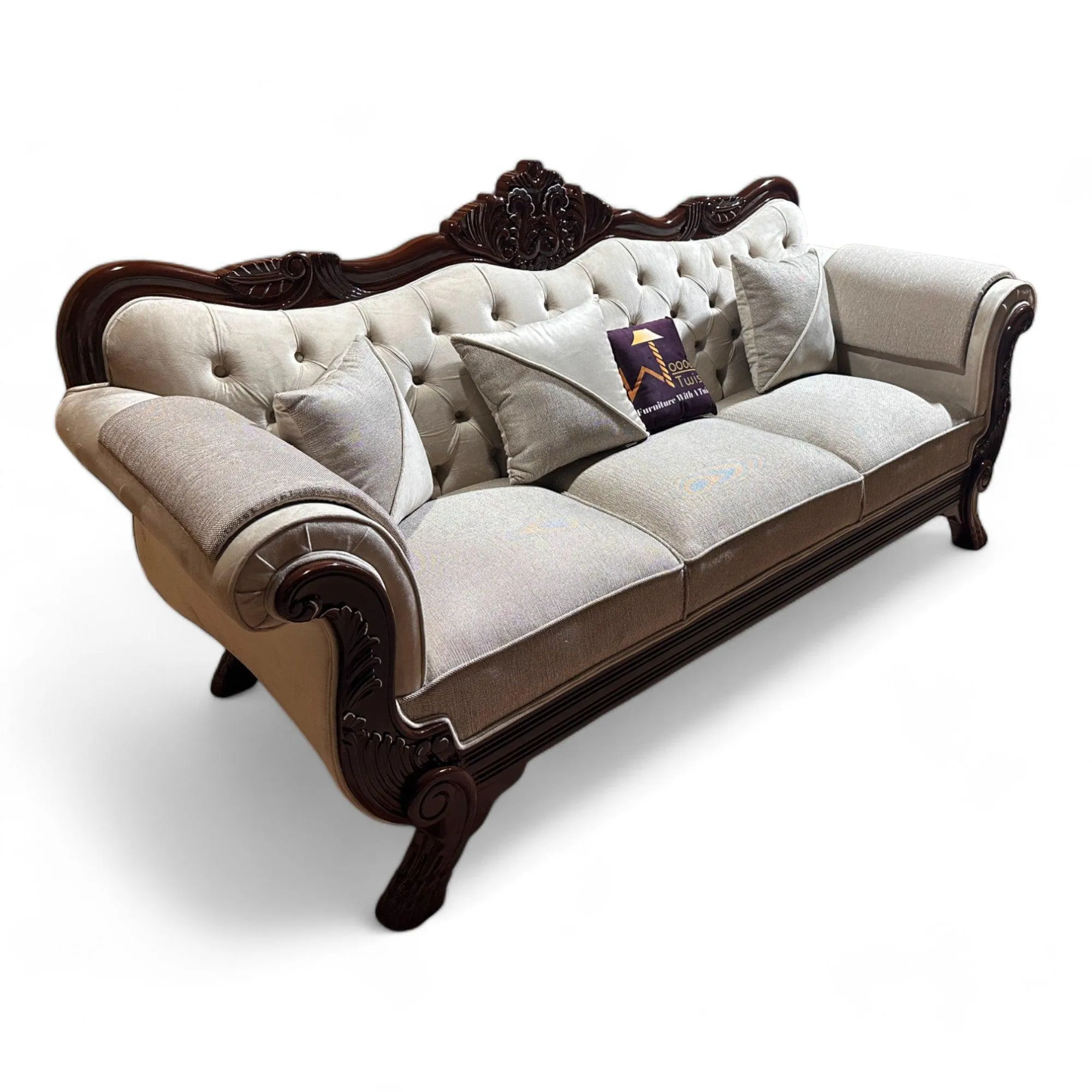 Wooden Twist Magnifica Button Tufted Hand Carved Teak Wood Soft Upholstery 3 Seater Sofa With Three Abstract Pillow