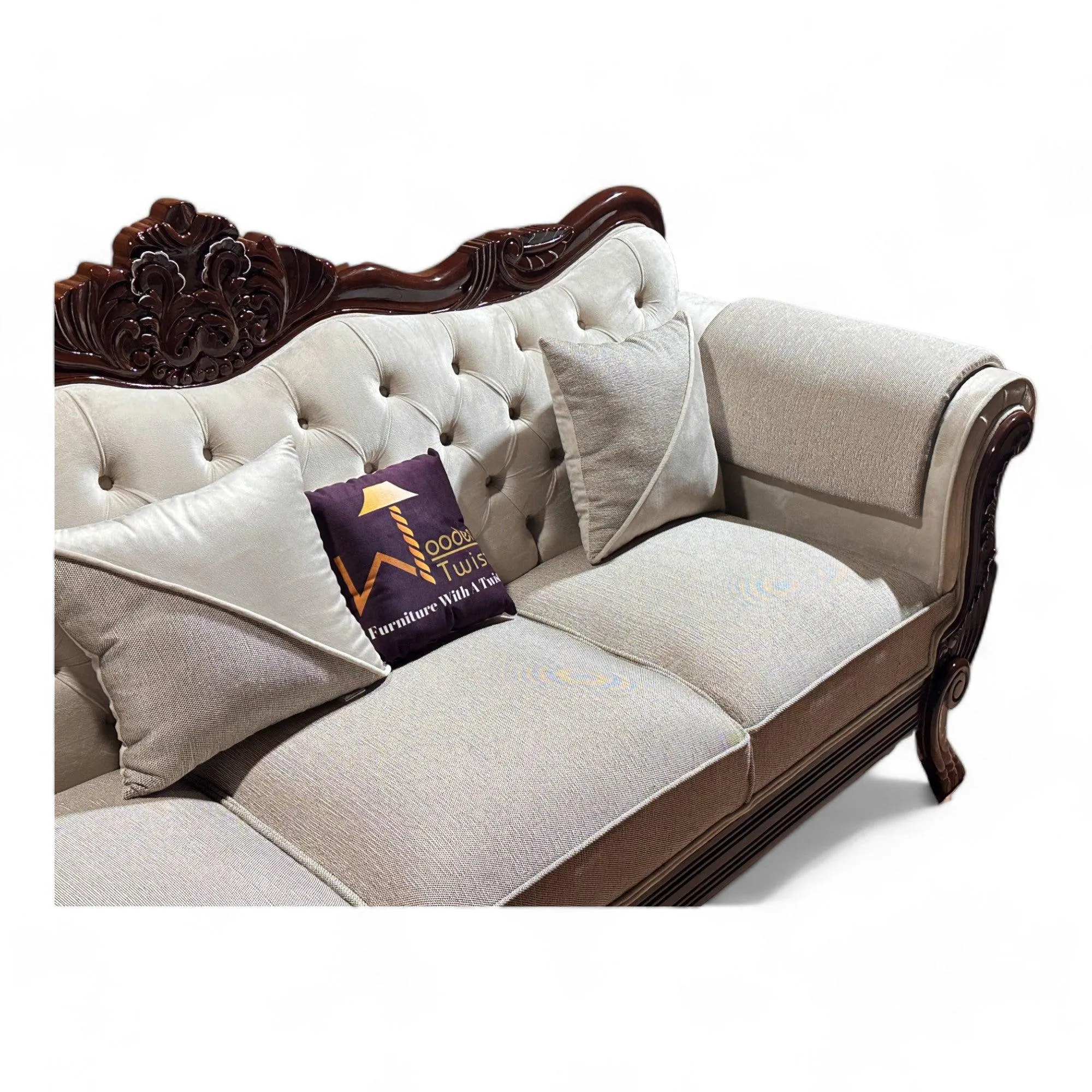 Wooden Twist Magnifica Button Tufted Hand Carved Teak Wood Soft Upholstery 3 Seater Sofa With Three Abstract Pillow