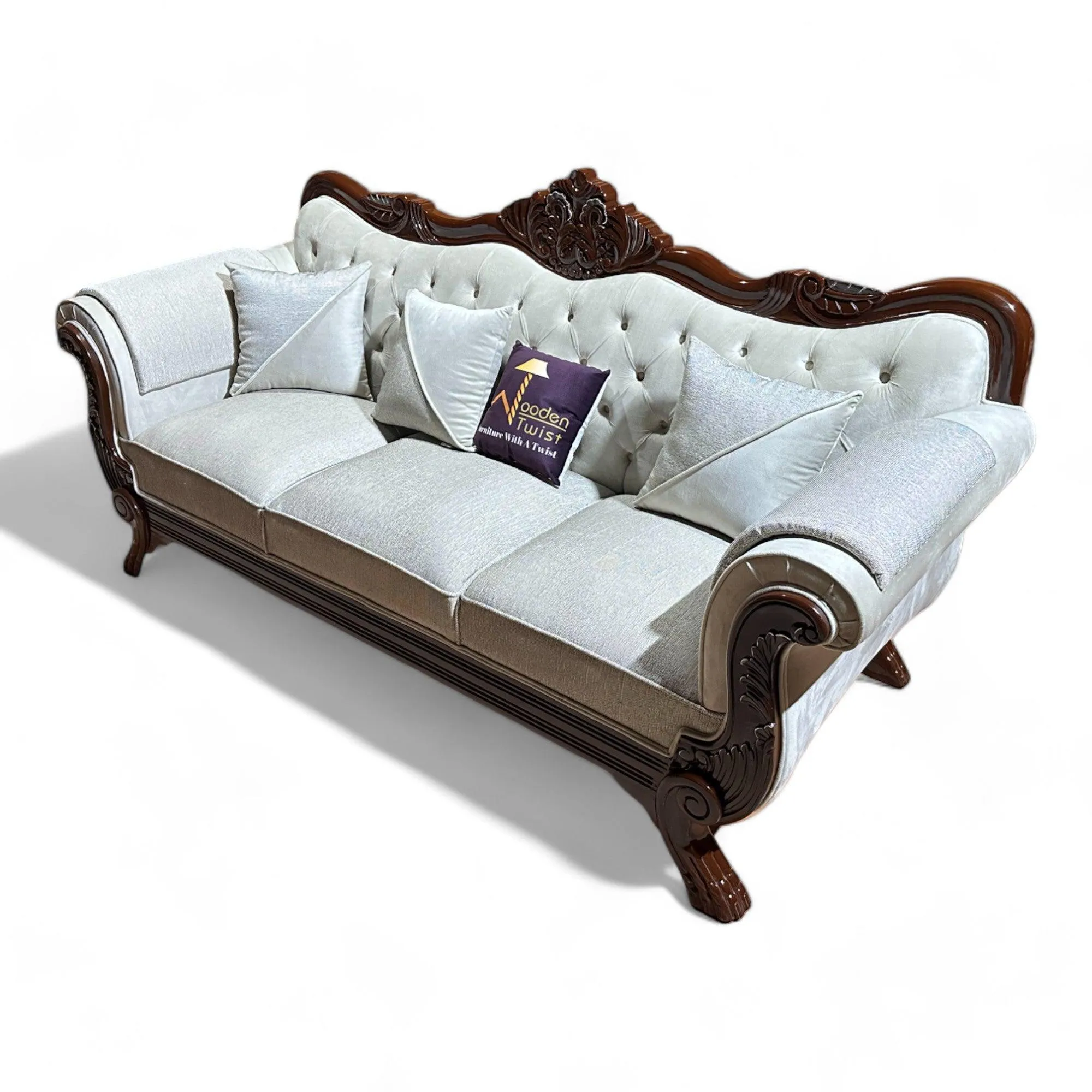 Wooden Twist Magnifica Button Tufted Hand Carved Teak Wood Soft Upholstery 3 Seater Sofa With Three Abstract Pillow