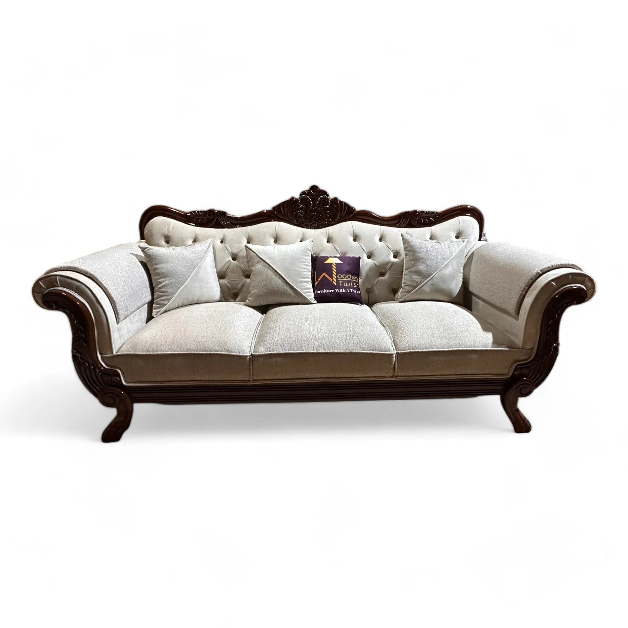 Wooden Twist Magnifica Button Tufted Hand Carved Teak Wood Soft Upholstery 3 Seater Sofa With Three Abstract Pillow