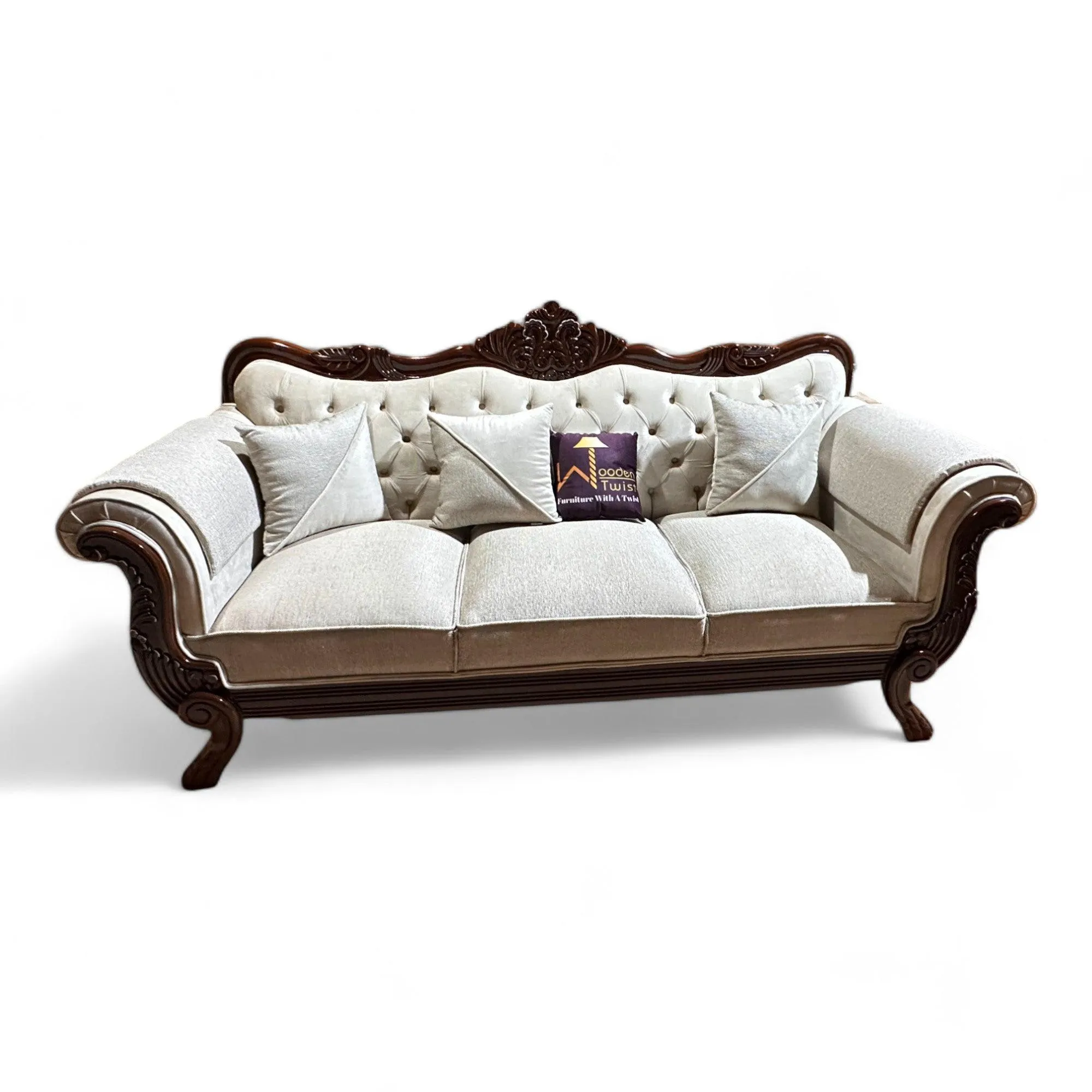 Wooden Twist Magnifica Button Tufted Hand Carved Teak Wood Soft Upholstery 3 Seater Sofa With Three Abstract Pillow