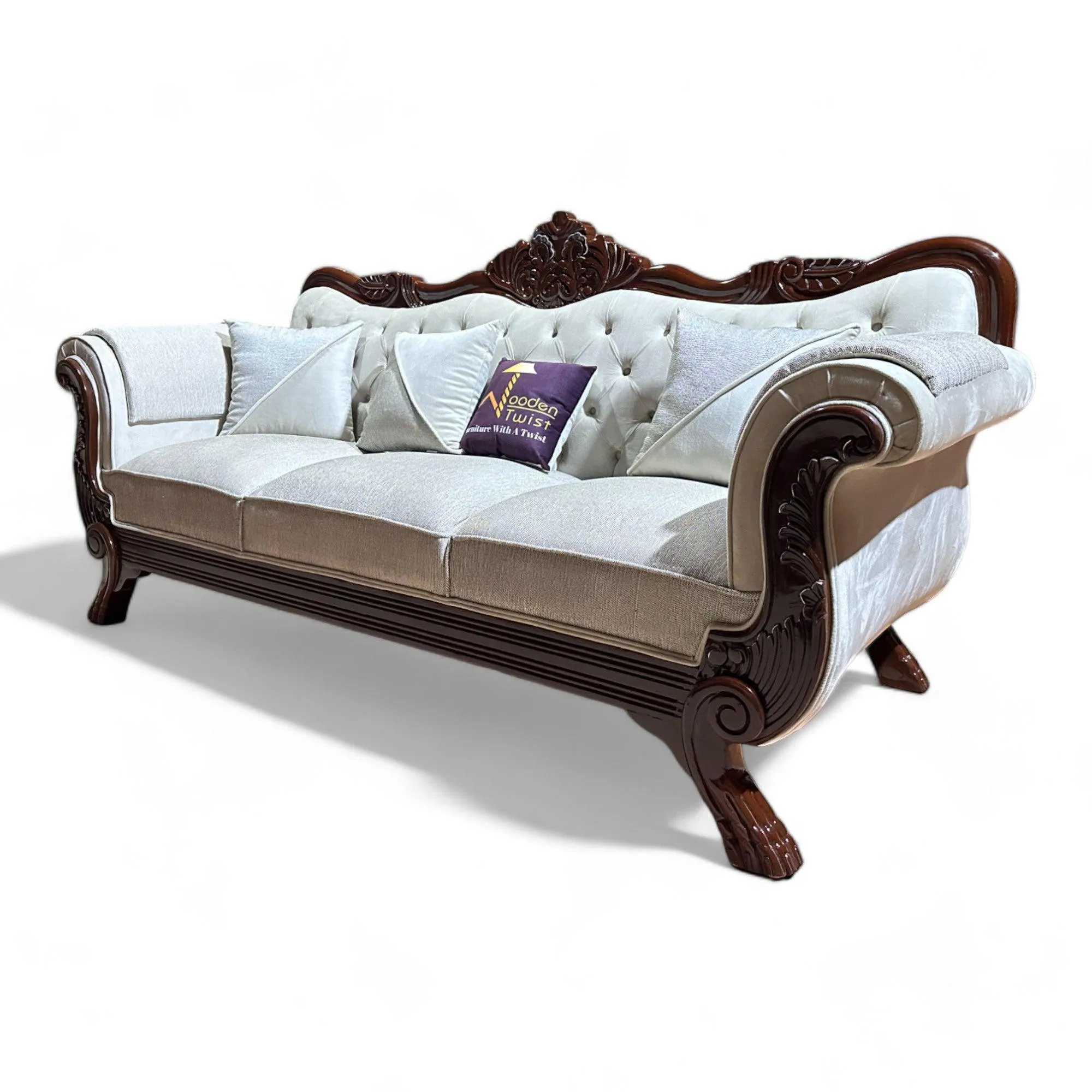 Wooden Twist Magnifica Button Tufted Hand Carved Teak Wood Soft Upholstery 3 Seater Sofa With Three Abstract Pillow