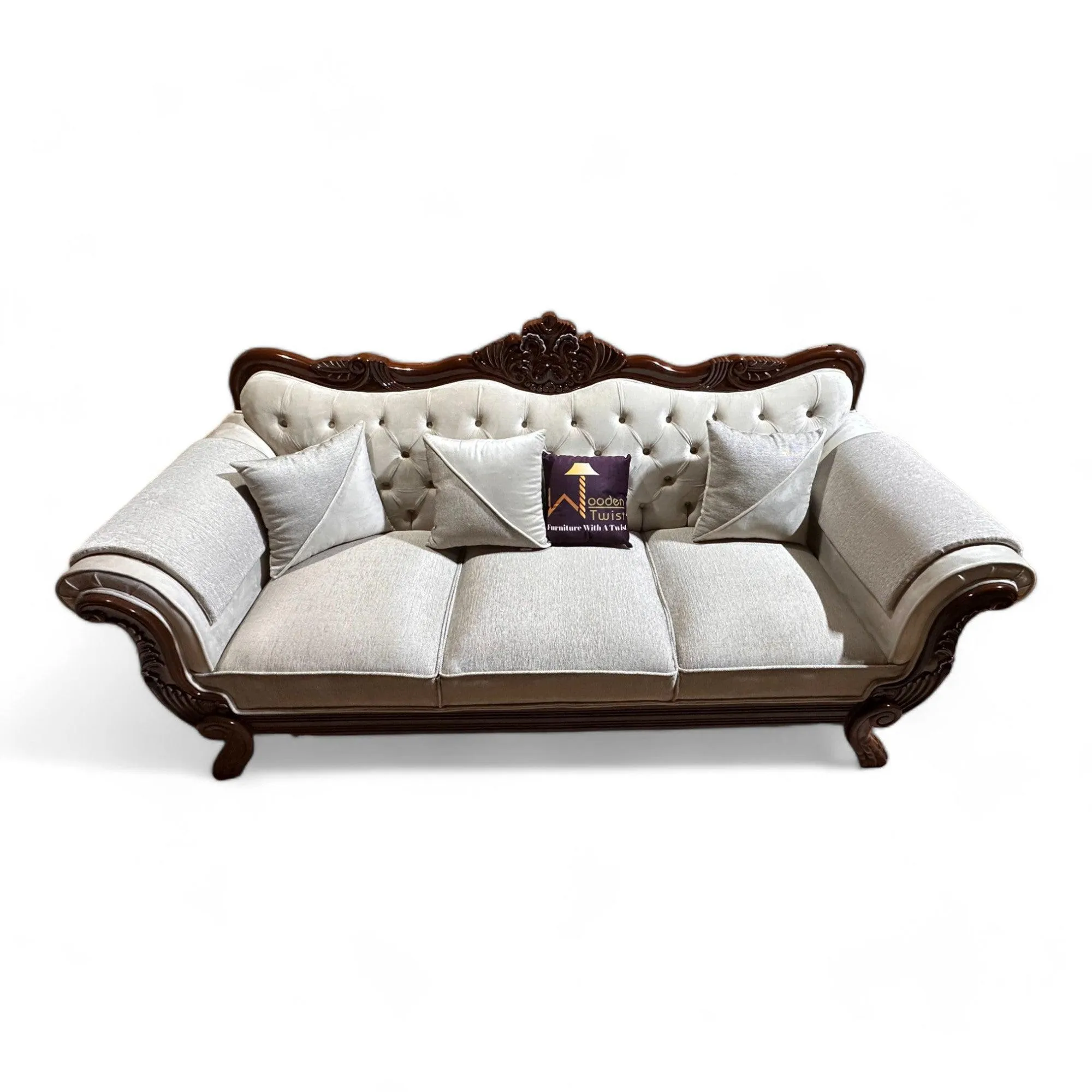 Wooden Twist Magnifica Button Tufted Hand Carved Teak Wood Soft Upholstery 3 Seater Sofa With Three Abstract Pillow