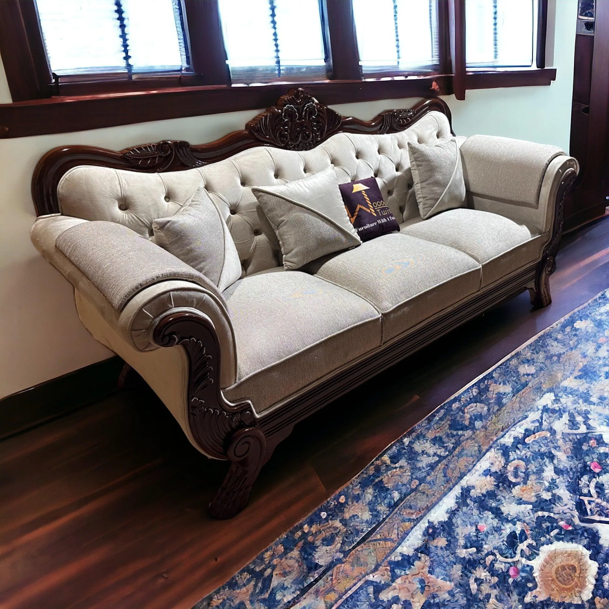 Wooden Twist Magnifica Button Tufted Hand Carved Teak Wood Soft Upholstery 3 Seater Sofa With Three Abstract Pillow