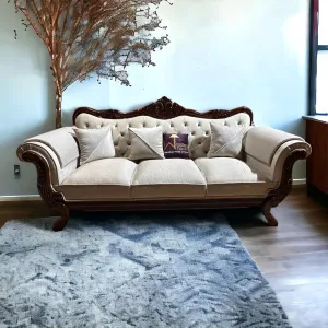 Wooden Twist Magnifica Button Tufted Hand Carved Teak Wood Soft Upholstery 3 Seater Sofa With Three Abstract Pillow