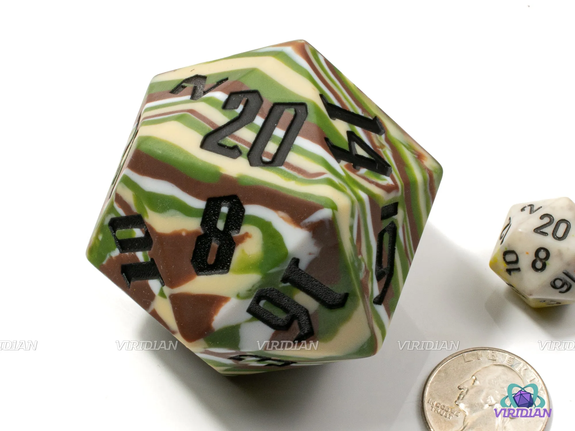 Woodland Camouflage w Black (Silicone) | 55mm, Green Tan Brown and White, Rubber Silicone, Bouncy | Giant D20 Die (1)