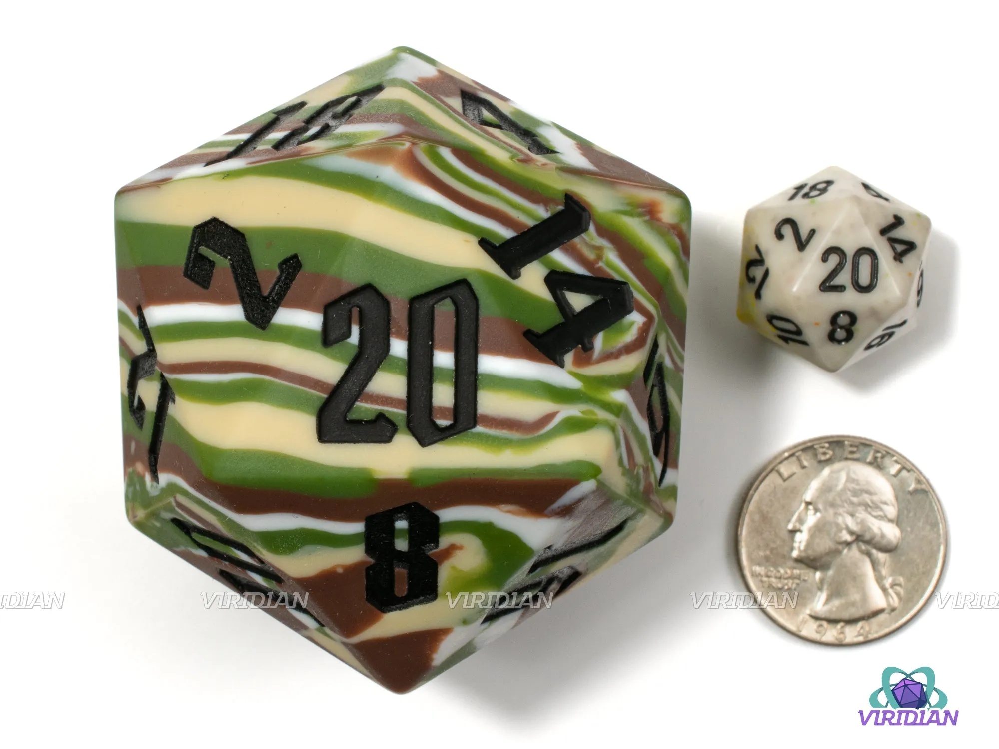 Woodland Camouflage w Black (Silicone) | 55mm, Green Tan Brown and White, Rubber Silicone, Bouncy | Giant D20 Die (1)